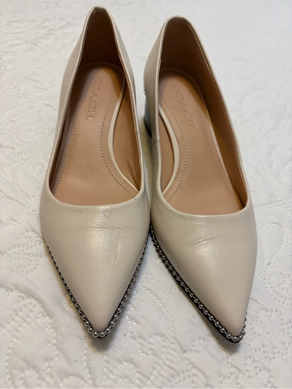 Coach Villa Pumps Ivory Pointed-Toe Low Block Heel with Silver Bead Trim